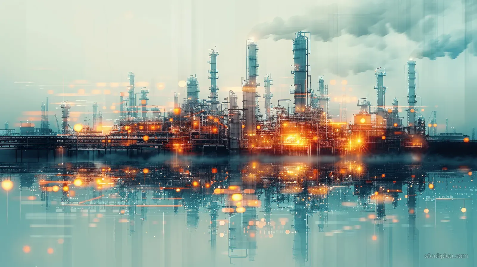 Futuristic oil refinery with glowing pipelines, steam stacks, and reflections on calm water at dusk.