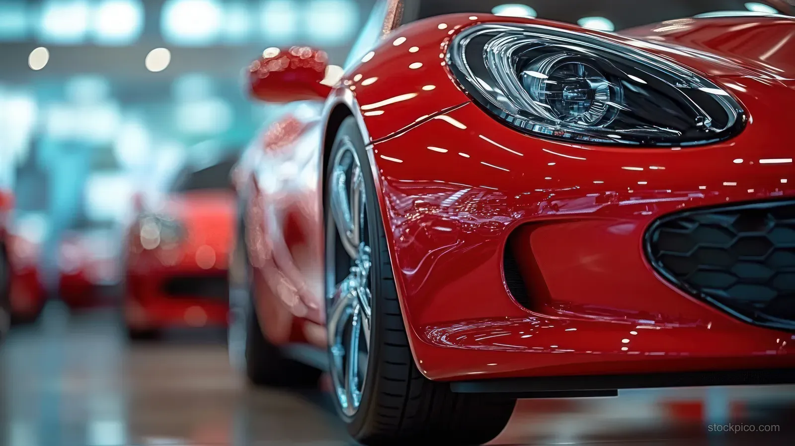 Close-up of a red sports car front headlight and grille with glossy reflections in a bright showroom.