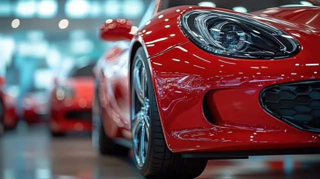 Close-up of a red sports car front headlight and grille with glossy reflections in a bright showroom.