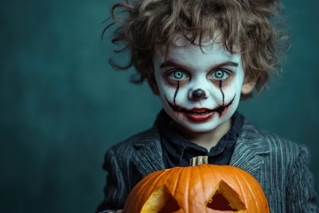 A curly-haired child in clown face makeup holds a carved jack-o-lantern toward the camera with intense bright eyes.