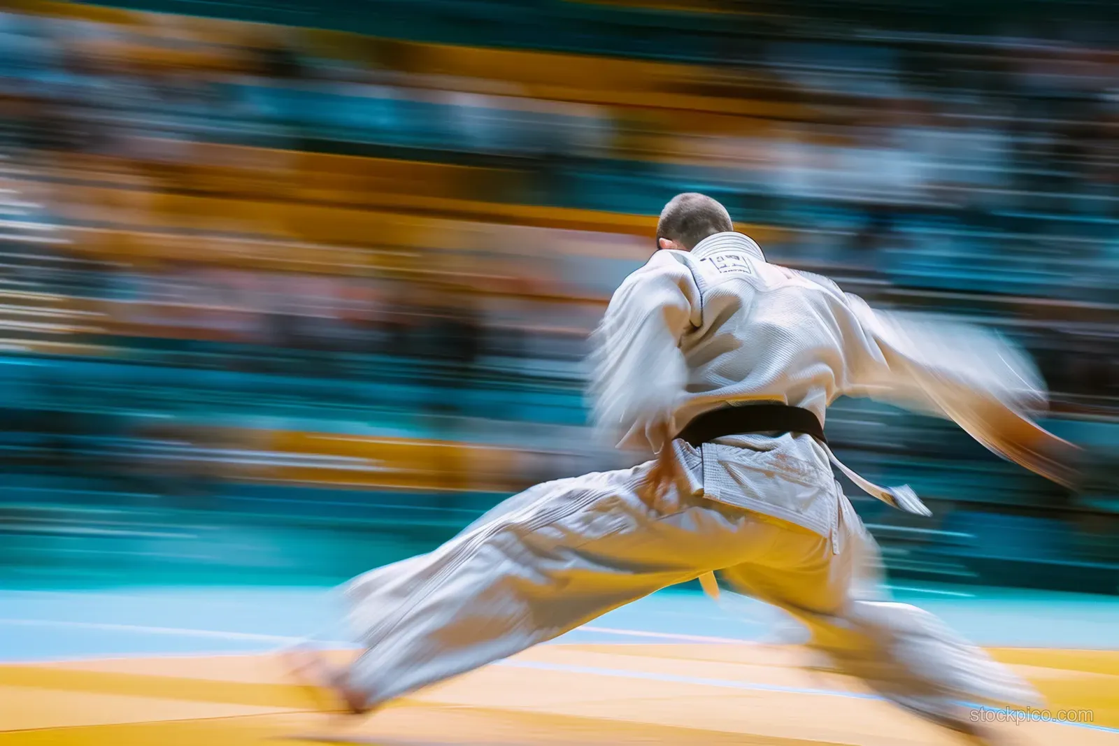 An Italian judoka throws an opponent in a judo match inside a stadium with strong motion blur.