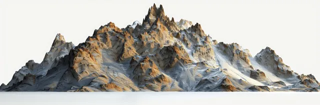 Isolated rocky mountain range with jagged peaks illuminated by golden-hour light on a white background.
