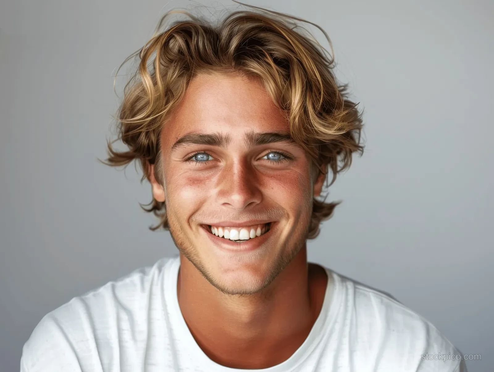 Smiling blonde Scandinavian man in a white shirt showing clean teeth in a close-up portrait.