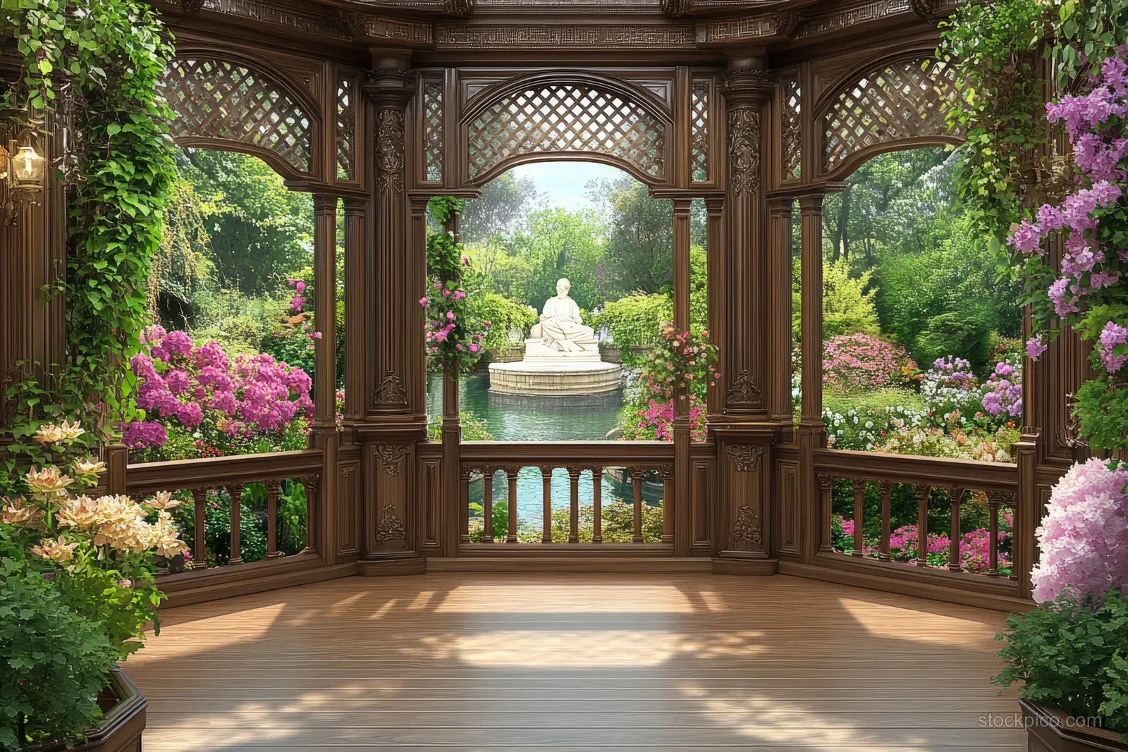 Carved wooden gazebo frames a garden pond with a white statue and blooming flowers.