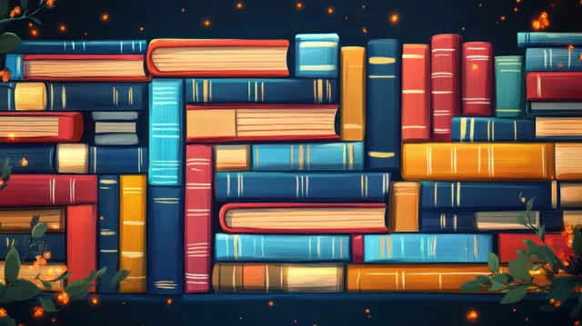 Seamless pattern illustration of colorful stacked books on a warm bookcase background with sparkles and leaves.