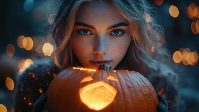 A gothic witch holds a glowing pumpkin lantern in a moody autumn forest at night, surrounded by rich fall colors.