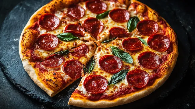 Hot pepperoni pizza with melted cheese and basil on a rustic black stone tray