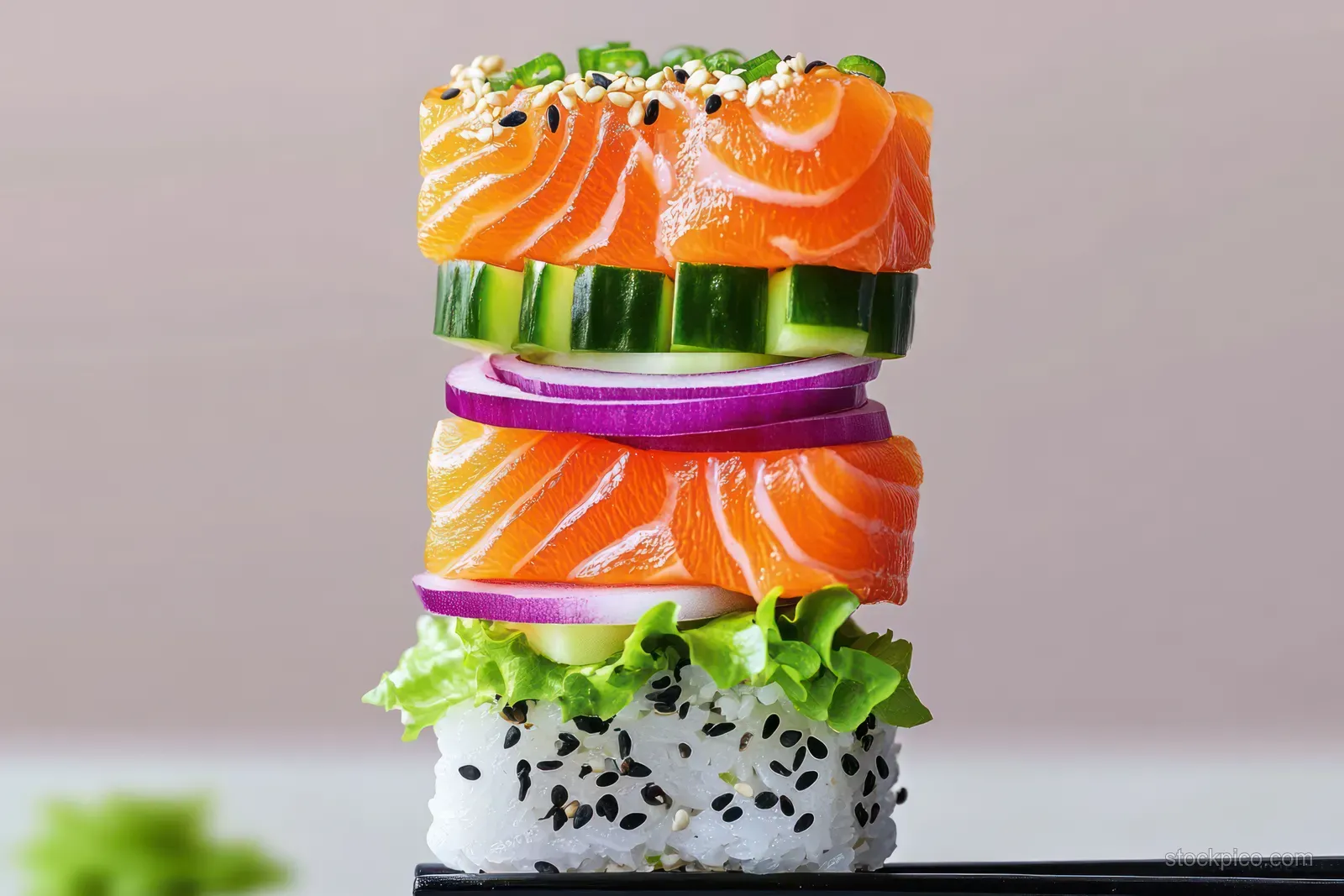 Stacked salmon sushi tower with cucumber, onion, lettuce, and sesame-topped rice in a tight close-up.