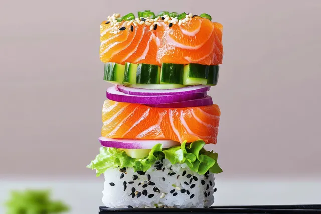 Stacked salmon sushi tower with cucumber, onion, lettuce, and sesame-topped rice in a tight close-up.