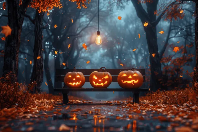 Three carved jack-o'-lanterns sit on a forest bench beneath a hanging light bulb as autumn leaves fall.