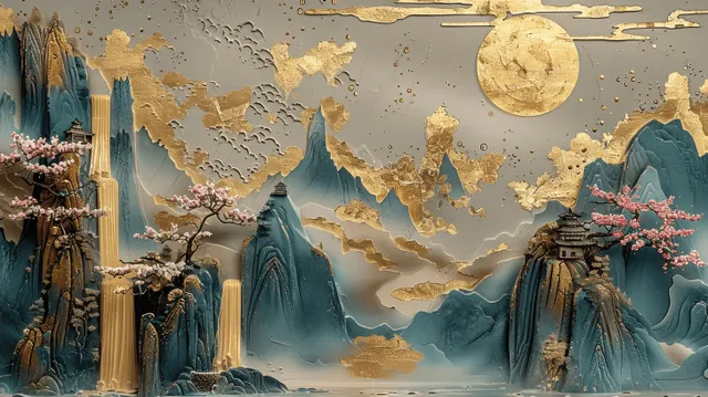 Textured relief shows a Japanese waterfall under a moon with sakura trees and gold decorative accents.