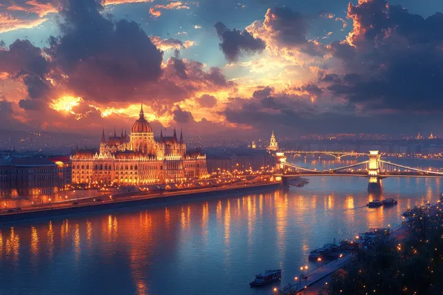 Budapest’s illuminated Parliament and Chain Bridge glow over the Danube River with city lights and cloud reflections at night.