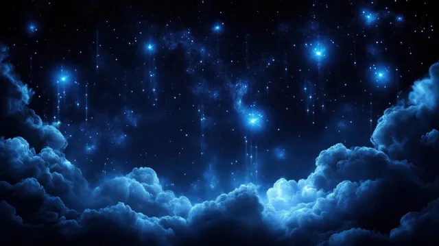 Blue night sky filled with twinkling stars and falling shooting stars behind clouds