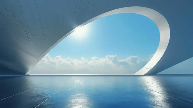 A curved minimalist arch frames blue sky above reflective water on a smooth concrete floor.