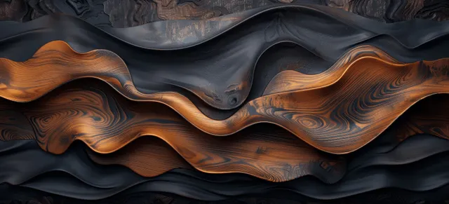 A dark wood background shows wavy resin sheets and carved grain texture with bronze and black tones.