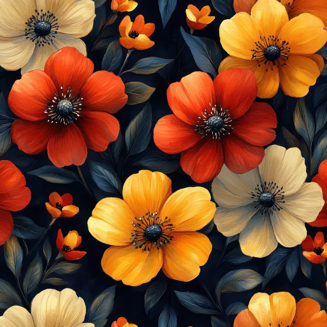 Hand-painted tropical floral pattern with red and yellow blooms on dark navy background