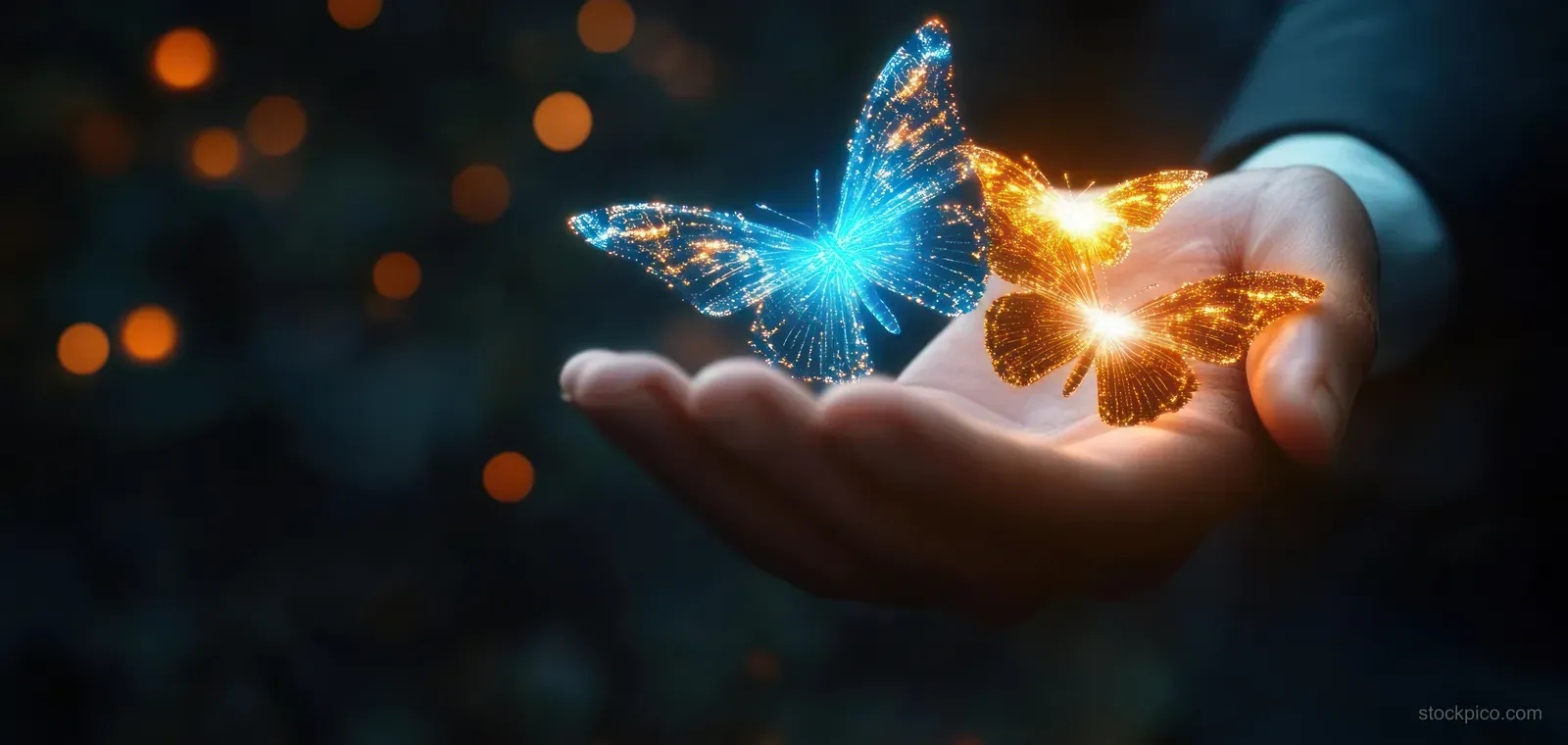 A hand holds two glowing digital butterflies, blue and orange, against a dark bokeh background.