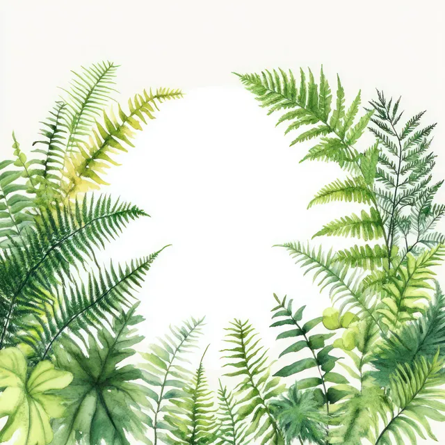 水彩绿色蕨叶排成花环边框，环绕着空白的白色邀请函空间。