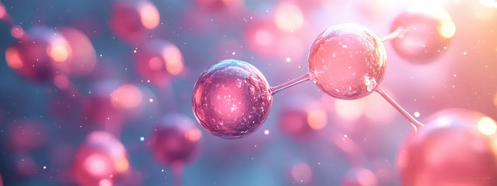 Pink molecular spheres and linked atoms float over a soft glowing gradient background.