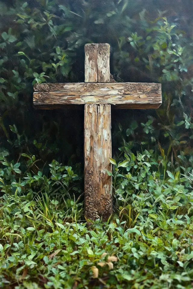 A worn wooden cross rises among dense green shrubs under shaded leaves and soft natural light.