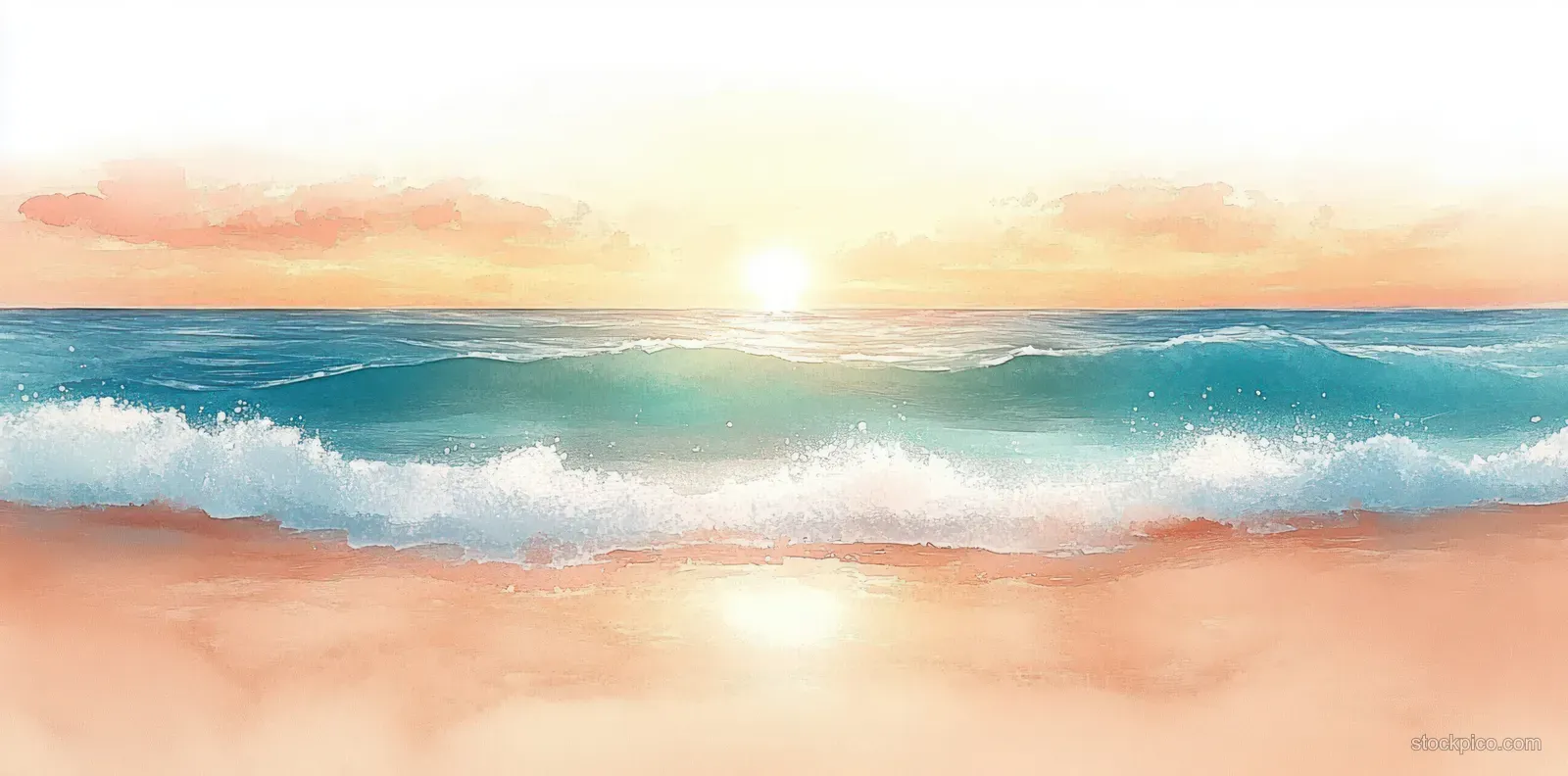 Watercolor beach illustration with teal waves and a warm sunrise over the horizon.