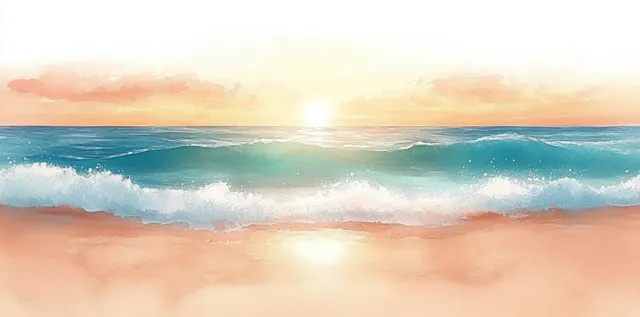 Watercolor beach illustration with teal waves and a warm sunrise over the horizon.