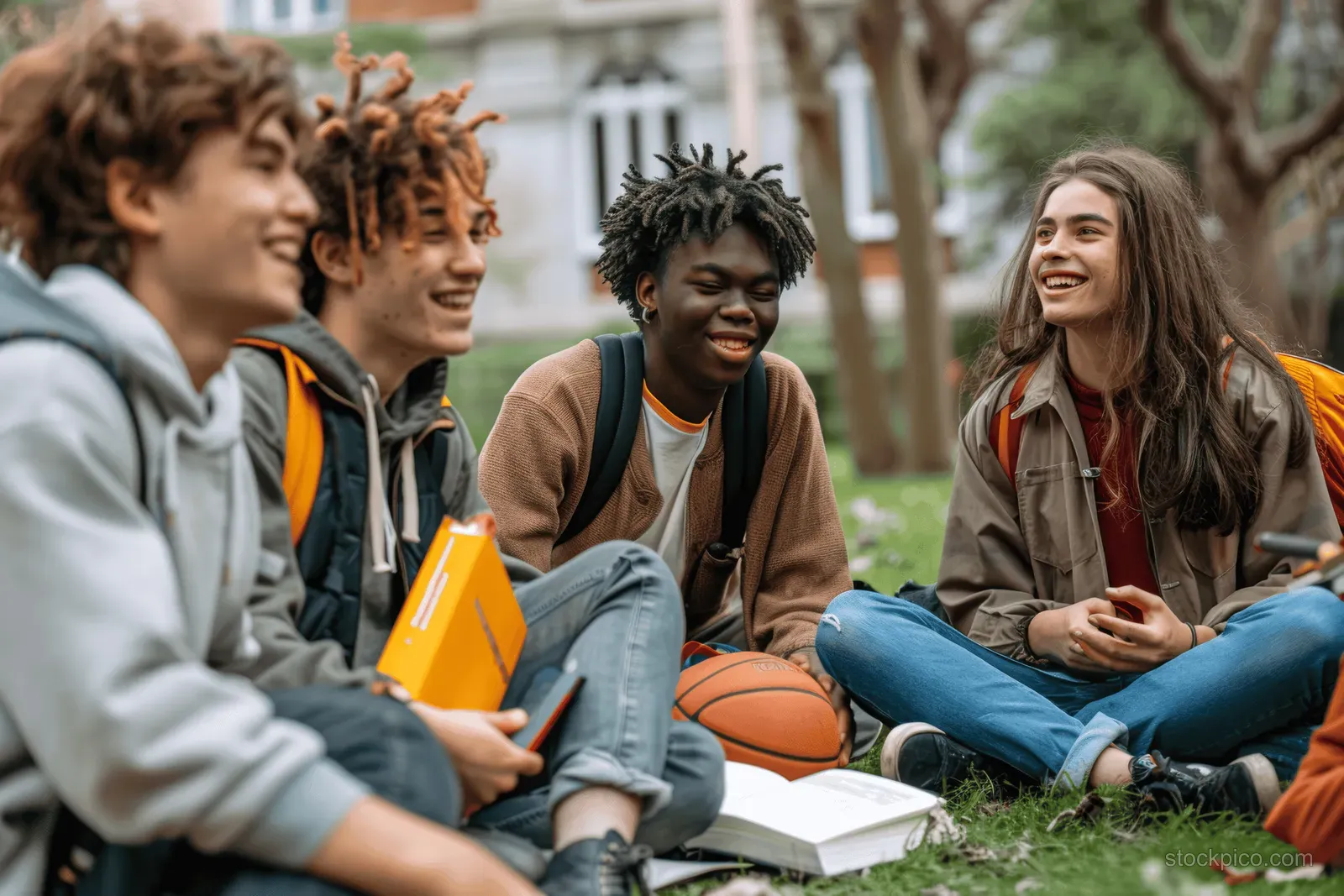 Multiracial students sit on grass outdoors, talking and studying with open notebooks and books.