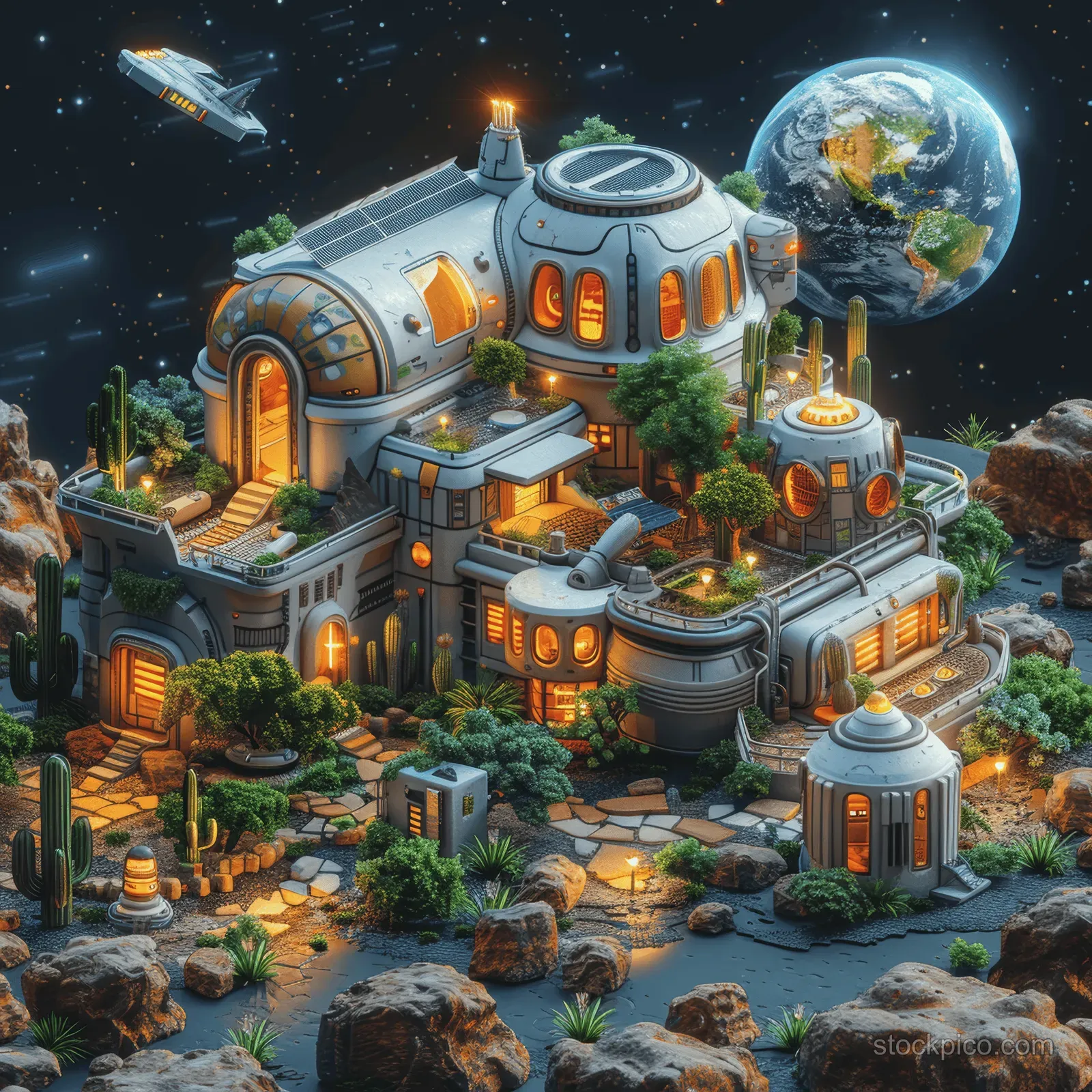 Isometric low-poly space station with solar panels and glowing windows on rocky desert terrain under a planet.