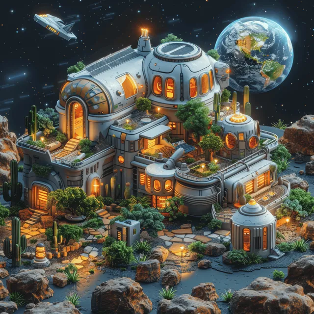 Isometric low-poly space station with solar panels, astronaut domes, and desert plants