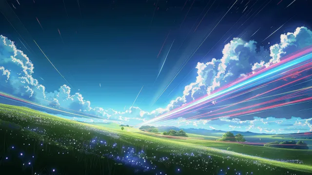 Anime-style green meadow under blue sky with glowing streaks