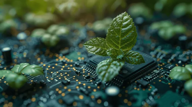 Green leaf sprouting from a microchip circuit board with moisture bokeh background