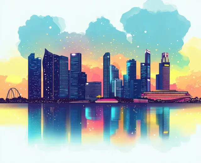 Pastel futuristic Singapore skyline vector with glowing towers and their reflections in still water.