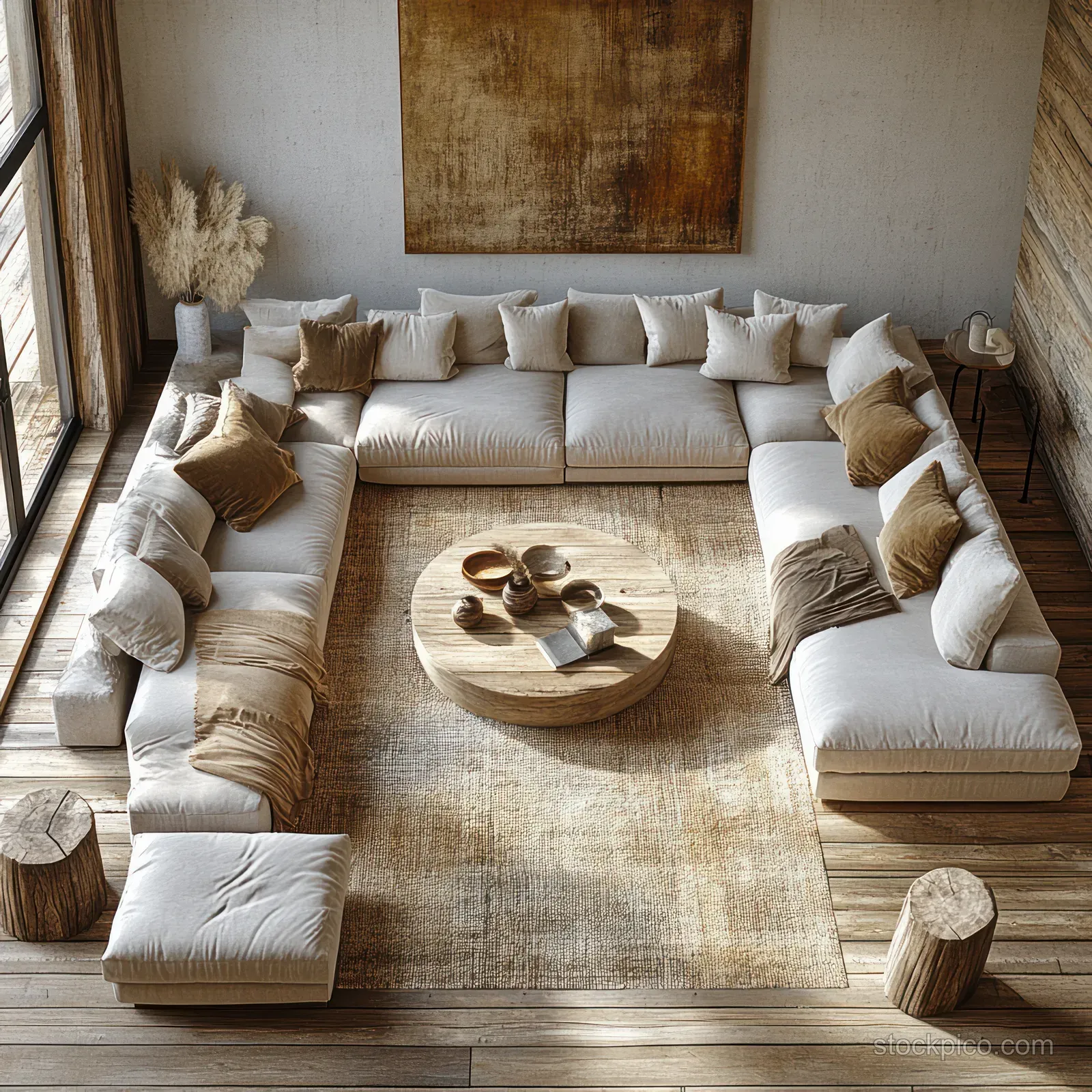 Aerial view shows a beige sectional sofa and cushions framing a circular coffee table in a minimalist living room.