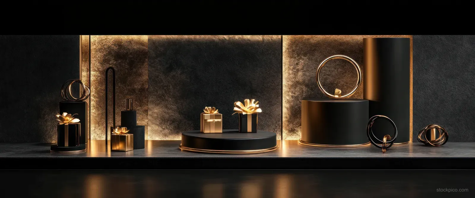 Black and gold gift boxes displayed on a podium under a warm spotlight with golden reflections and shadows.
