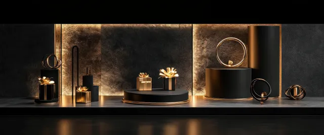 Black and gold gift boxes on a podium with warm spotlight and festive haze