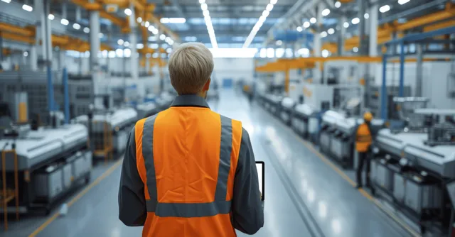 An engineer in an orange safety vest overlooks an electronics assembly line with automated robots and control monitors.