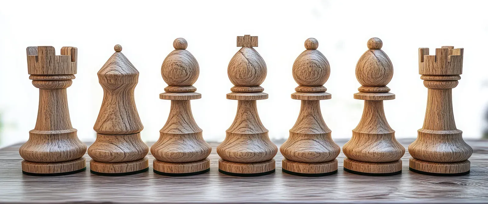 Row of wooden chess pieces arranged on a tabletop with a bright blurred background.