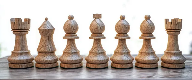 Close-up row of wooden chess pieces on table, bright blurred background