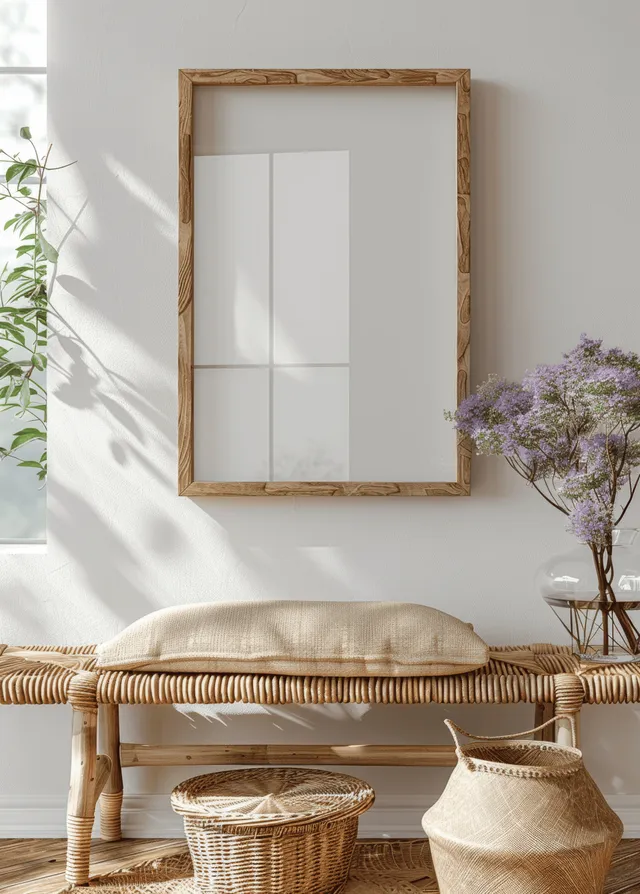 Boho poster frame on rattan table in bright white room with soft sunlight shadows with Wall Art Presentation
