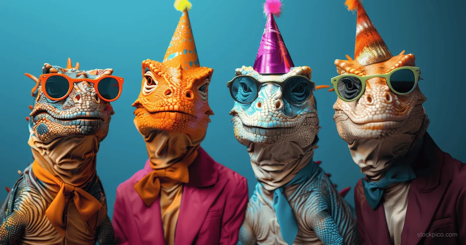 Four anthropomorphic lizards in suits wear sunglasses and party hats against a blue background.