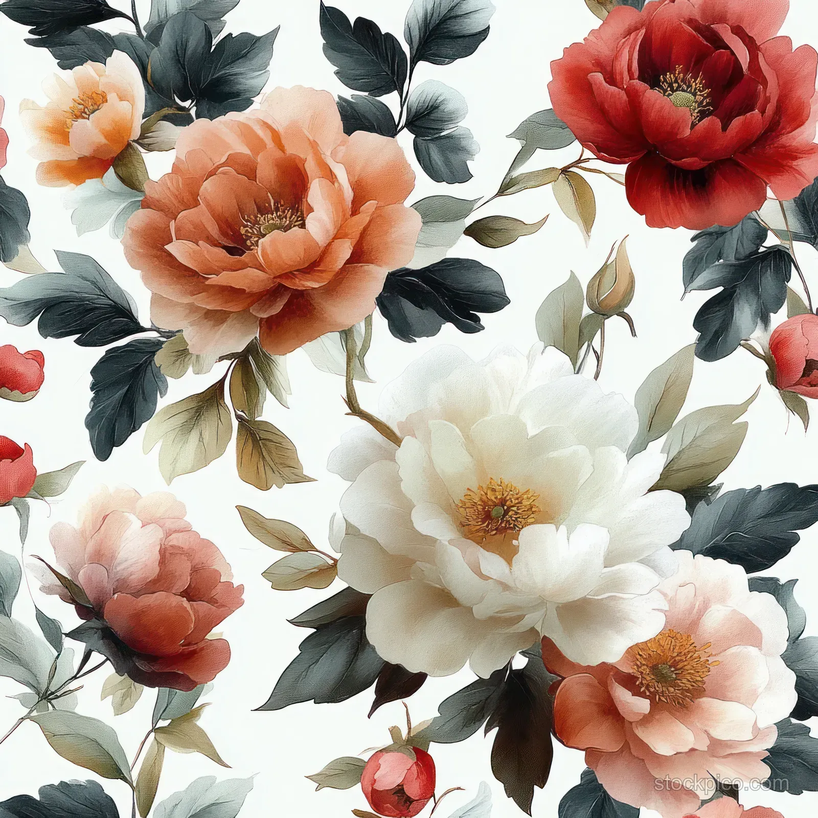 Seamless watercolor floral pattern of peonies and roses with soft pastel petals and dark green leaves on white.