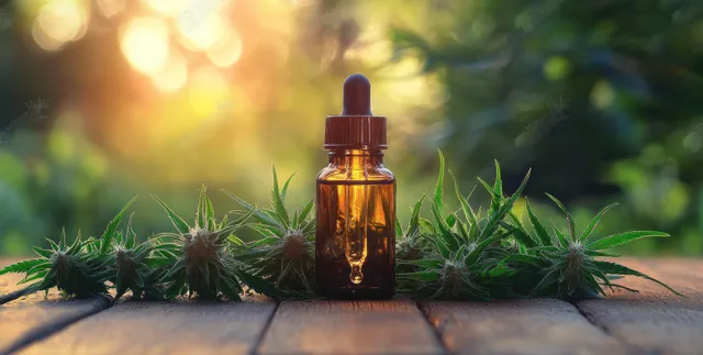 Amber cannabis oil dropper bottle on a wooden deck with fresh cannabis buds and green leaves nearby.