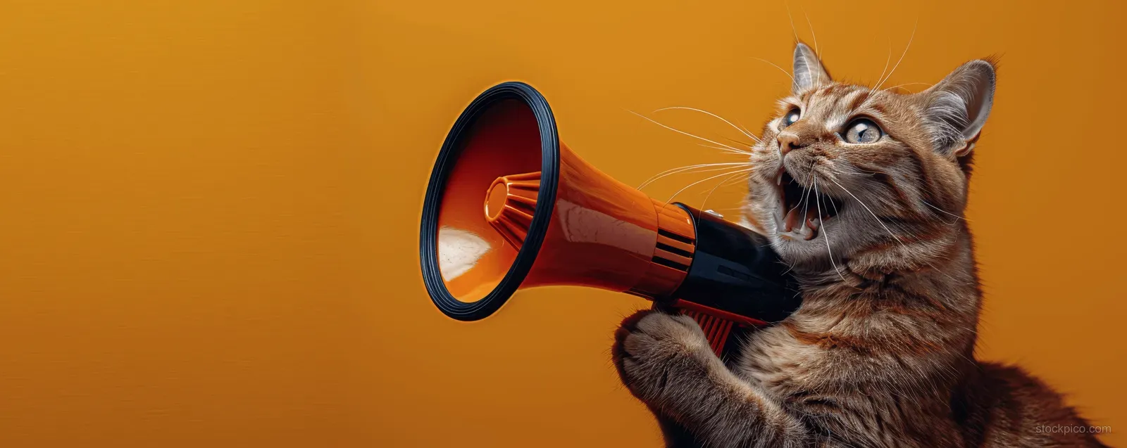 A tabby cat looks like it is shouting through a red megaphone on a bright orange background.