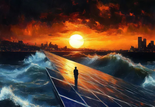 Silhouette person stands on reflective ocean deck as glowing sunset pierces storm clouds