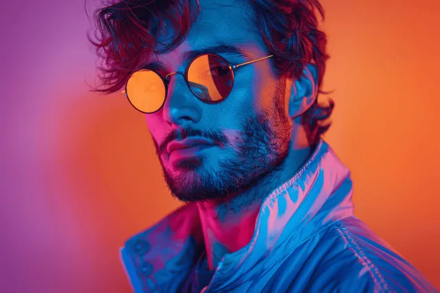 Bearded man with curly hair wearing round orange reflective sunglasses under neon blue and orange light