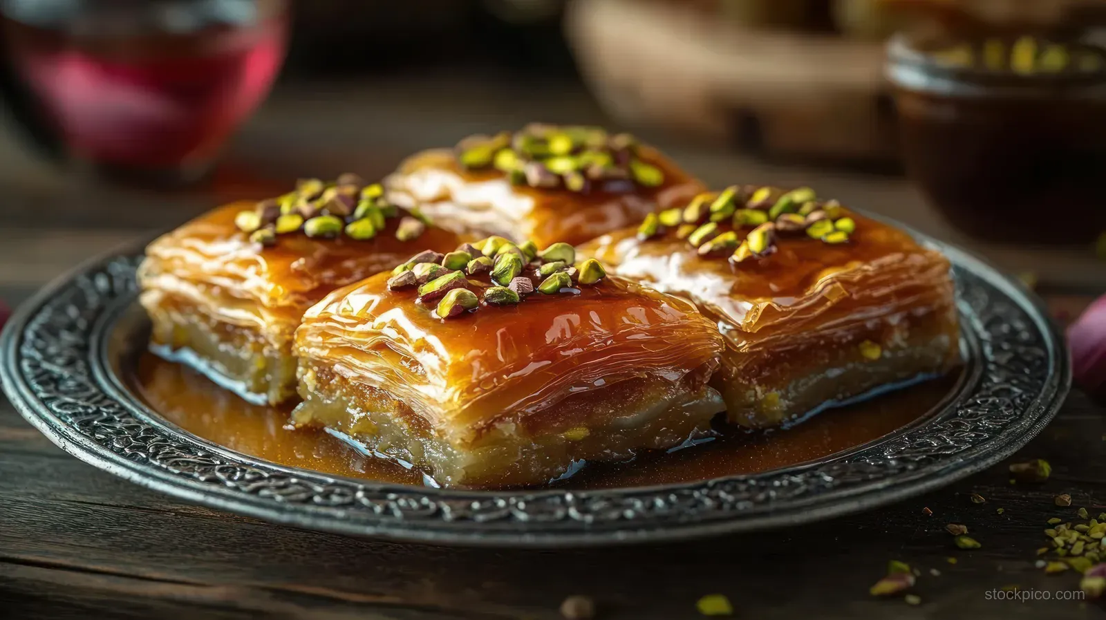 Syrupy baklava squares with chopped pistachios rest on an ornate metal plate.