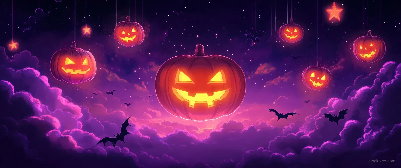 Glowing jack-o’-lantern pumpkins float above purple clouds in a starry Halloween night sky.