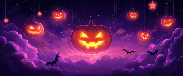 Glowing jack-o’-lantern pumpkins float above purple clouds in a starry Halloween night sky.