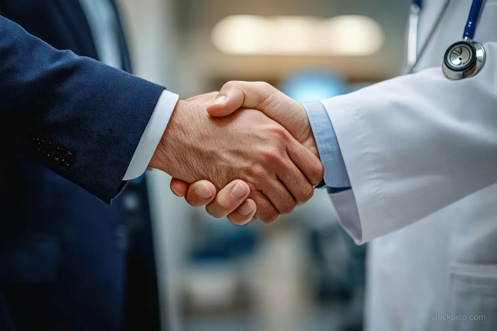 A doctor and suited businessman shake hands in a hospital hallway with a stethoscope visible.