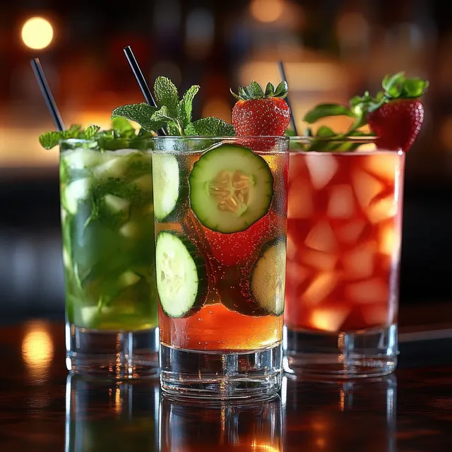 Three colorful fruit and herb infused drinks with cucumber and mint in clear glasses